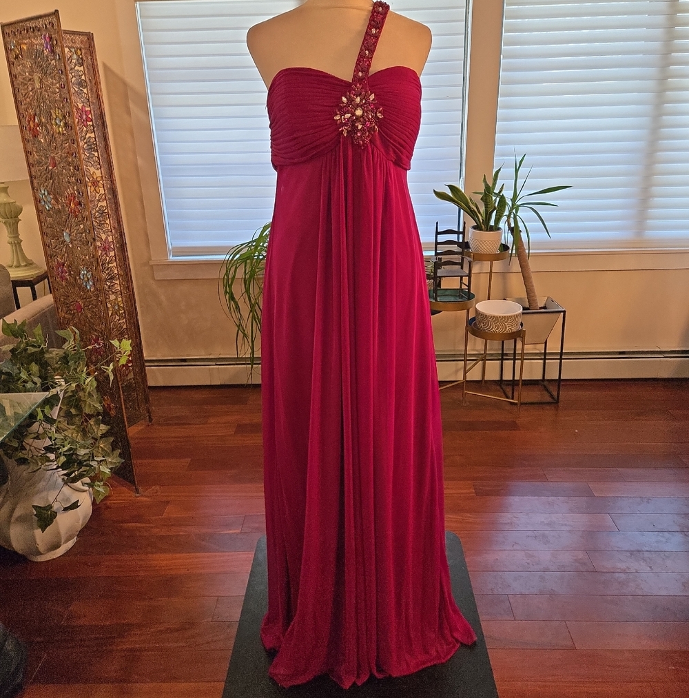 Xscape Gem One Shoulder Empire Waist Guazy Full Length Gown Fushia Size 14